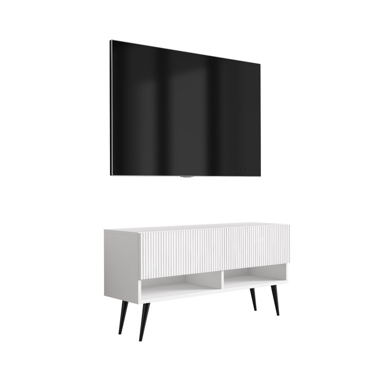 Szafka pod telewizor z ryflowanym frontem 100, Biały Mat, nóżki pochyłe czarne, 100 × 32 × 52 cm
