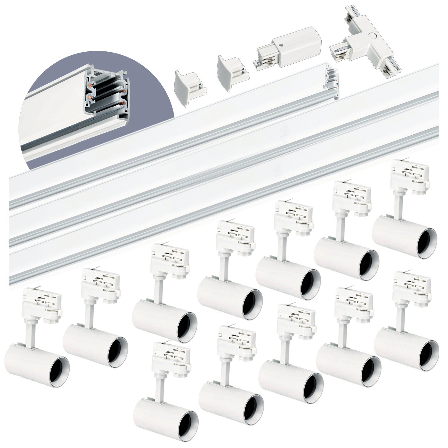 Oświetlenie szynowe 3 fazowe Kobi 1m+2m+2m, 12x Lamp, łącznik T biały 1kpl.