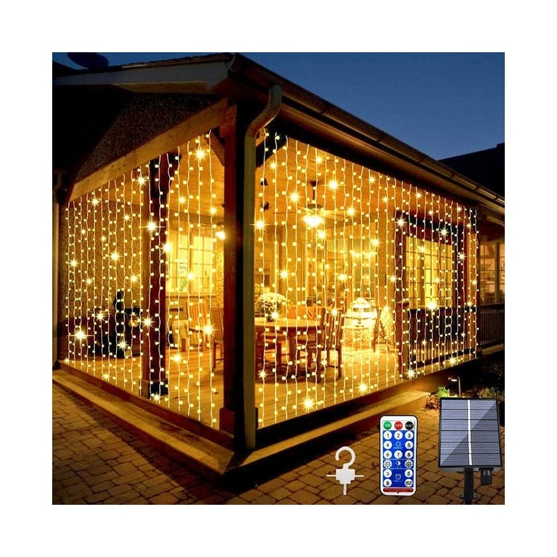 Zewnętrzna solarna kurtyna świetlna, 3 x 2 m, 200 diod LED, kurtyna świetlna z 8 trybami zdalnego sterowania, wodoodporna kaskadowa lampa solarna