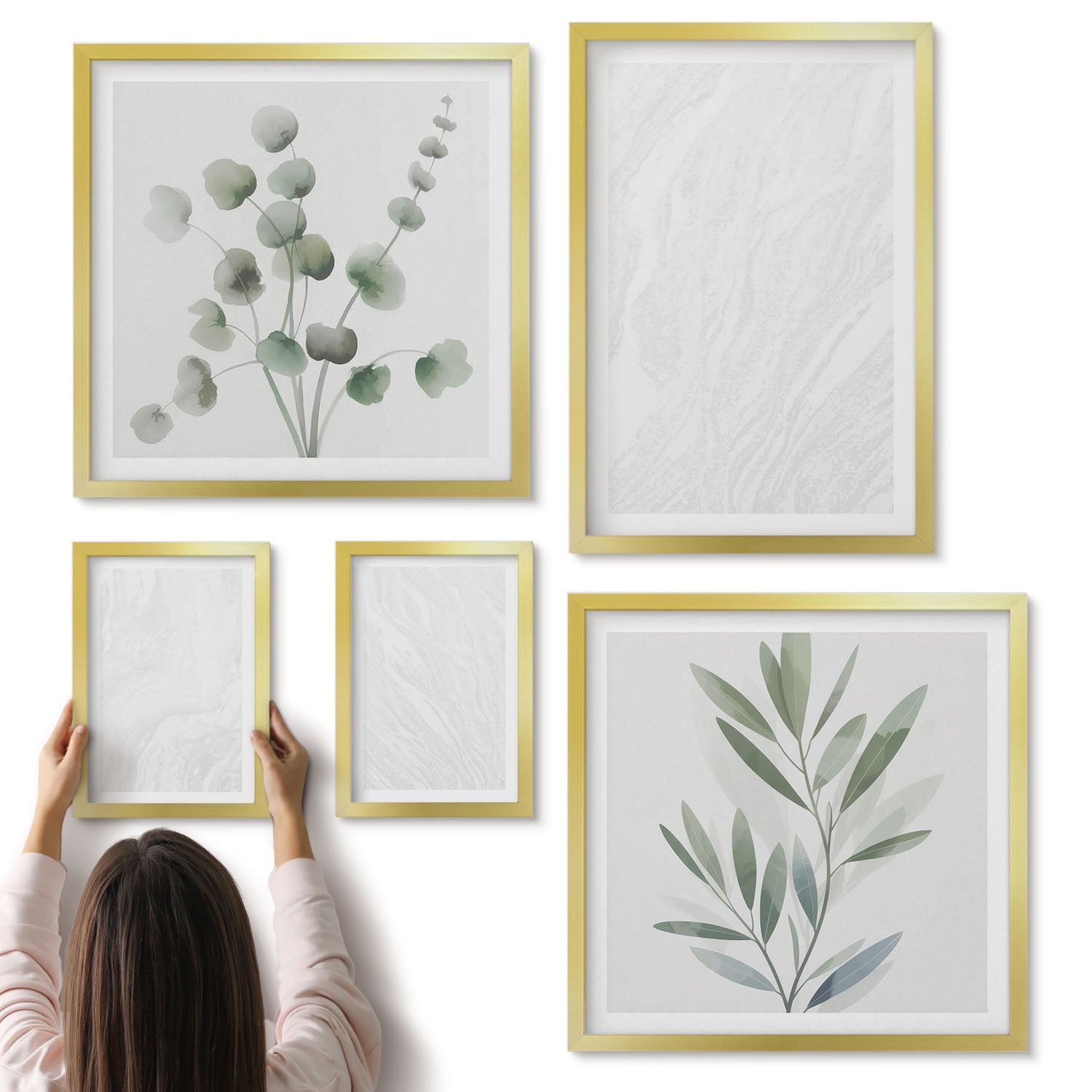 Galeria ścienna 5-częściowy komplet obrazów w złotych ramach - Elegancki marmur linearna struktura kamienna pastelowe gałązki - ArtPrintCave
