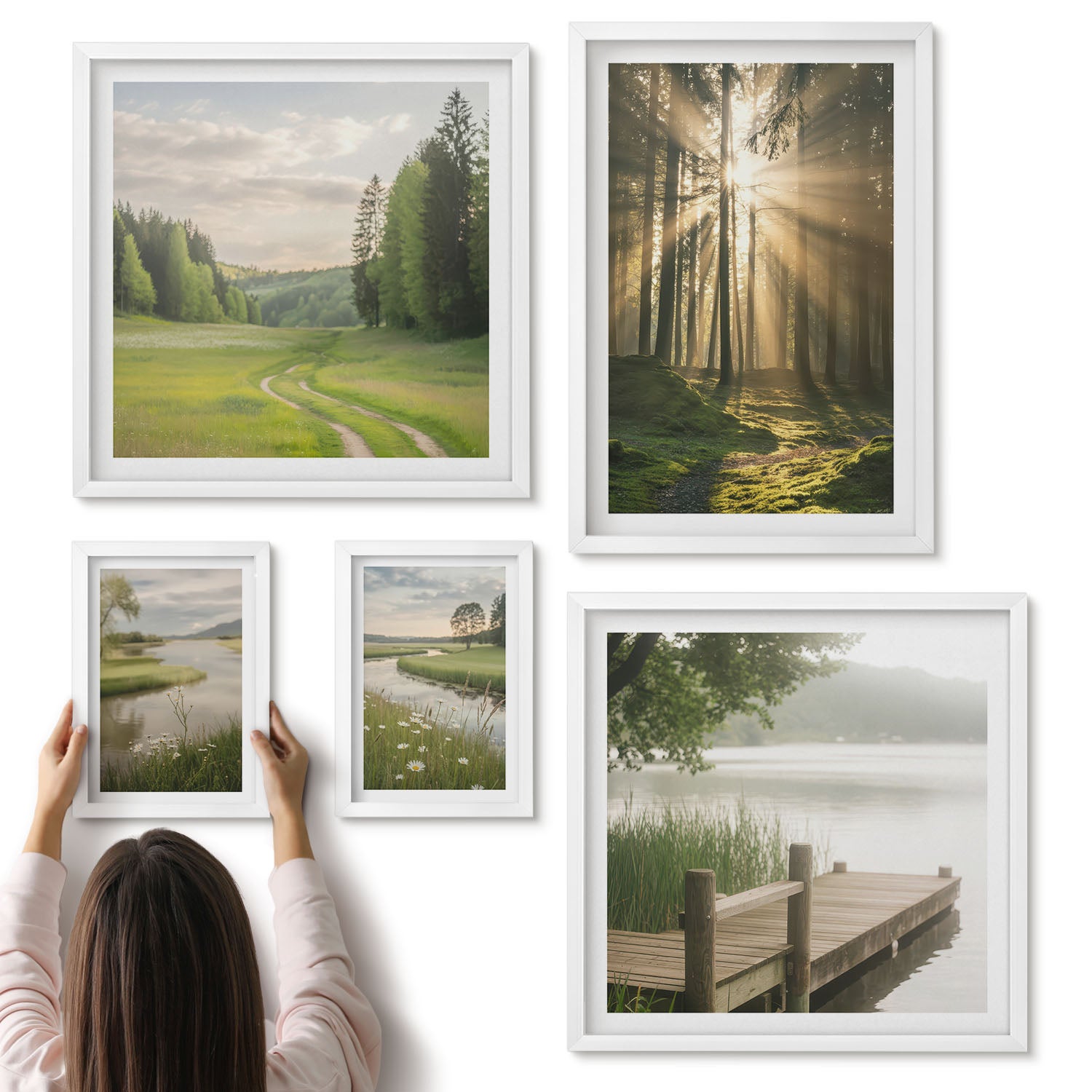 Galeria ścienna 5-częściowy komplet obrazów w białych ramach - Leśne pejzaże z promieniami słońca i spokojnymi wodami - ArtPrintCave