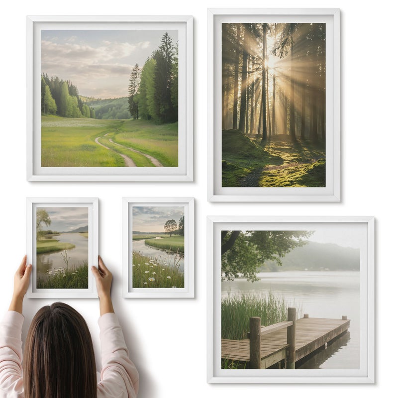 Galeria ścienna 5-częściowy komplet obrazów w białych ramach - Leśne pejzaże z promieniami słońca i spokojnymi wodami - ArtPrintCave