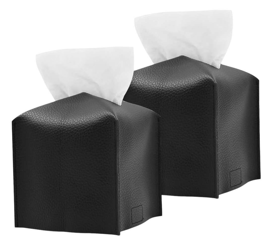 Skórzane pudełko na chusteczki do domu, łazienki, salonu, biura i samochodu, 13 x 13 x 13 cm – czarne, zestaw 2 sztuk