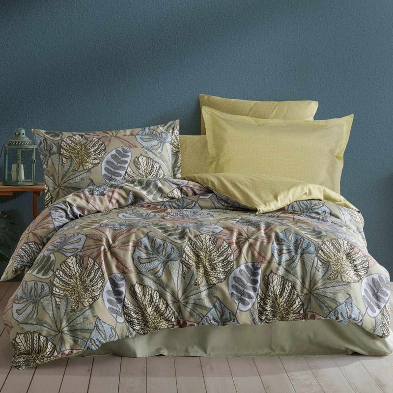 Pościel satyna bawełniana 160x200 Luxury Premium Greta zielona w dekoracyjne liście - Darymex
