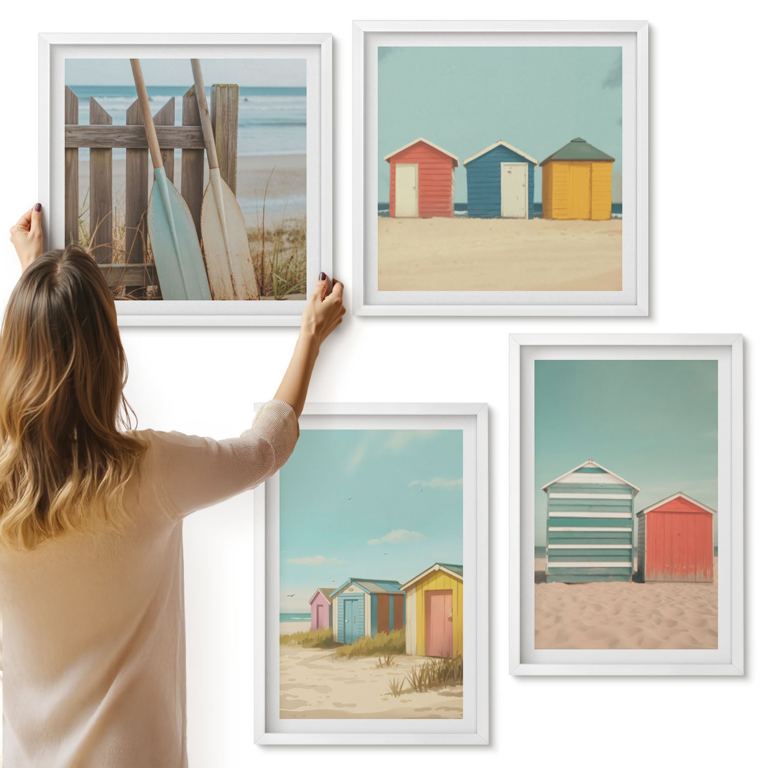 Galeria ścienna 4-częściowy komplet obrazów w białych ramach - Kolorowe domki na plaży w letnim słońcu - ArtPrintCave