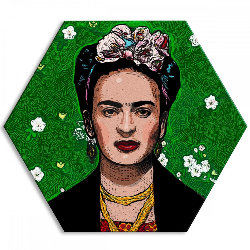 FRIDA KAHLO – Portret z zielonym tłem – Płótno sześciokątne – Wydruk na płótnie oprawiony w ramę PCV 80x80 cm