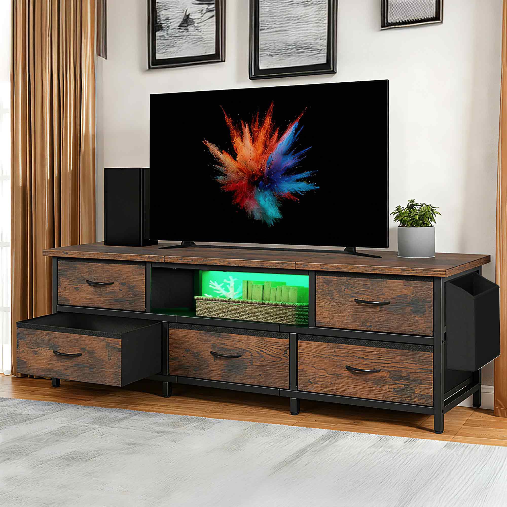 Szafka RTV YITAHOME do salonu, 5 składanych szuflad, półki, szafka z oświetleniem RGB LED, 160x35x55 cm