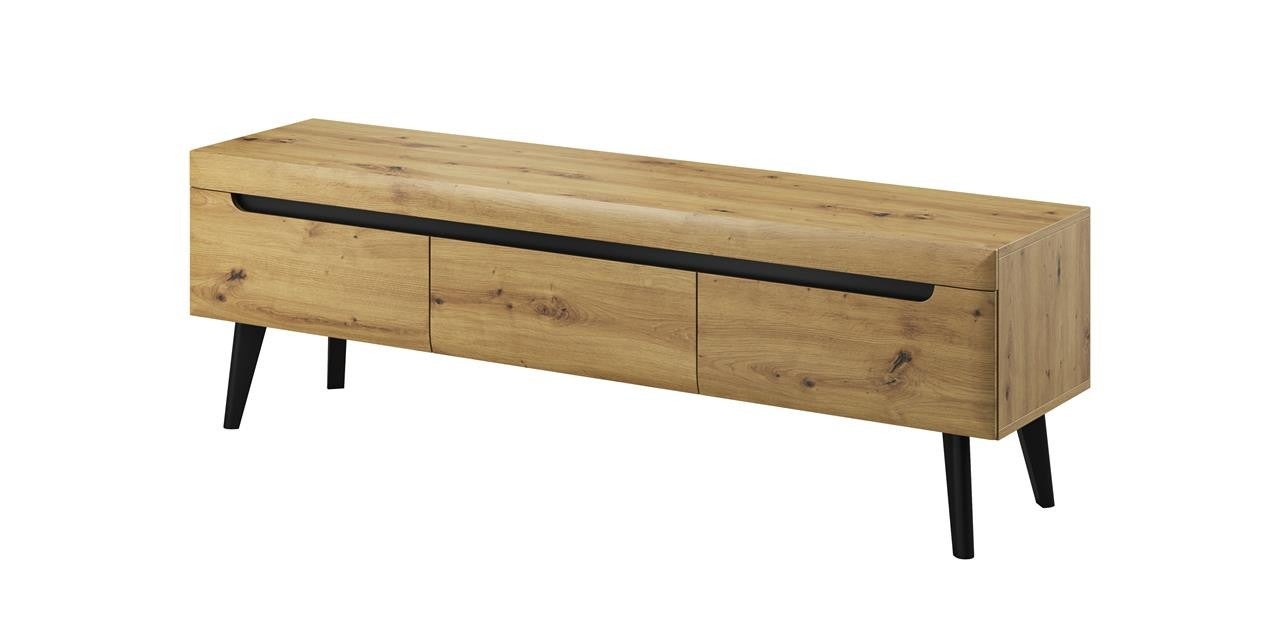 Szafka RTV NODIS 160 cm dąb Artisan + czarne akcenty, z szufladami i półkami, na drewnianych nogach