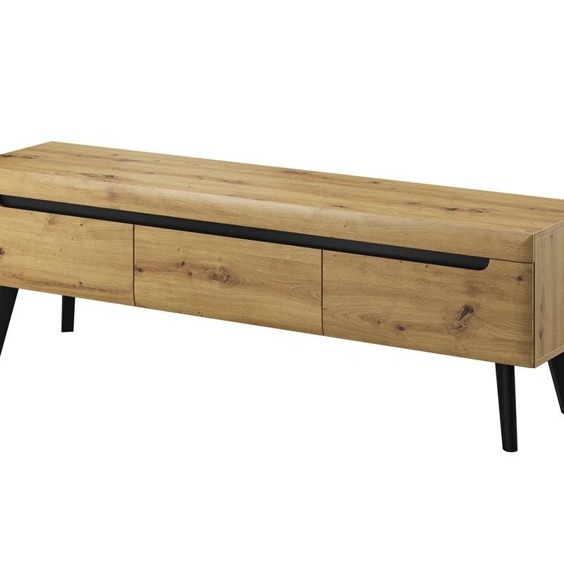 Szafka RTV NODIS 160 cm dąb Artisan + czarne akcenty, z szufladami i półkami, na drewnianych nogach