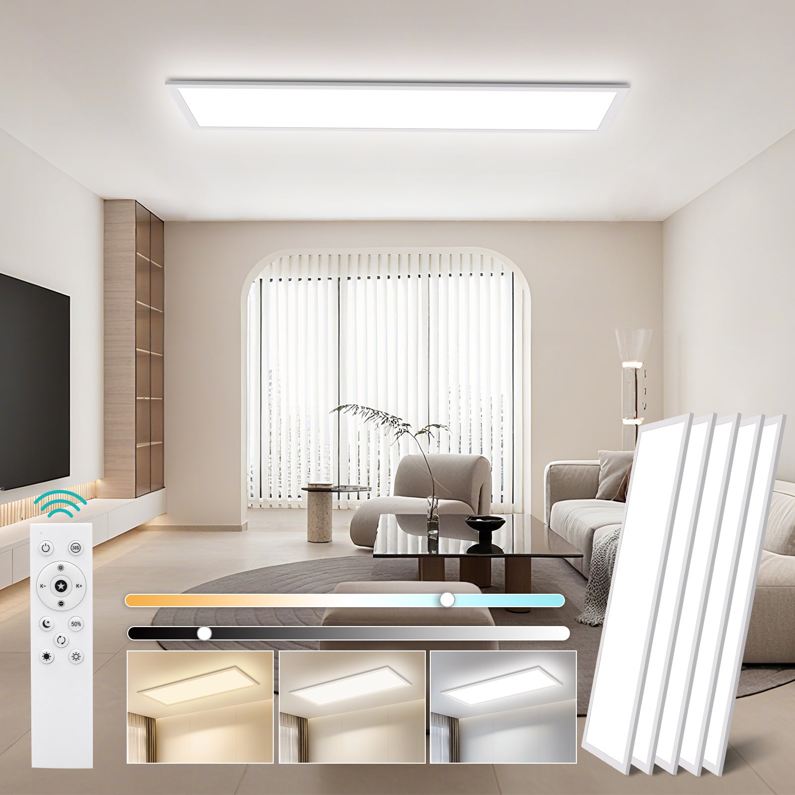 LOVHAUS 5PCS Lampa Sufitowa LED 36W Biała 120x30 cm, Panel LED Sufitowy Prostokątny Nowoczesny Ściemniający do Salonu, Biura, Kuchni z Pilotem