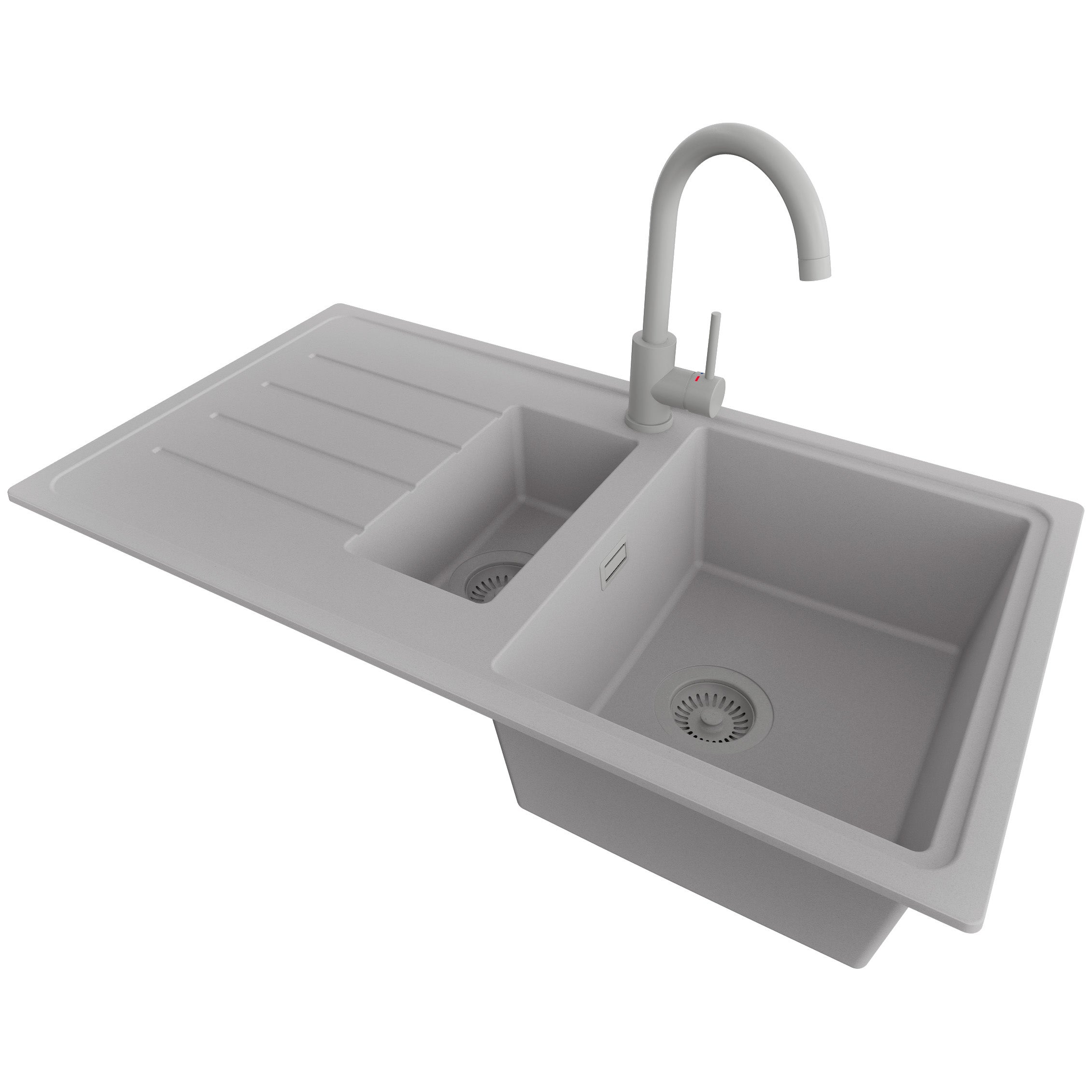 Zlewozmywak Granitowy Szary 90x50cm, Zlew Kuchenny 1,5 Komorowy + Bateria 32x20cm + Syfon, Nablatowy do szafki od 60cm - Kopenhaga Duo PRIMAGRAN