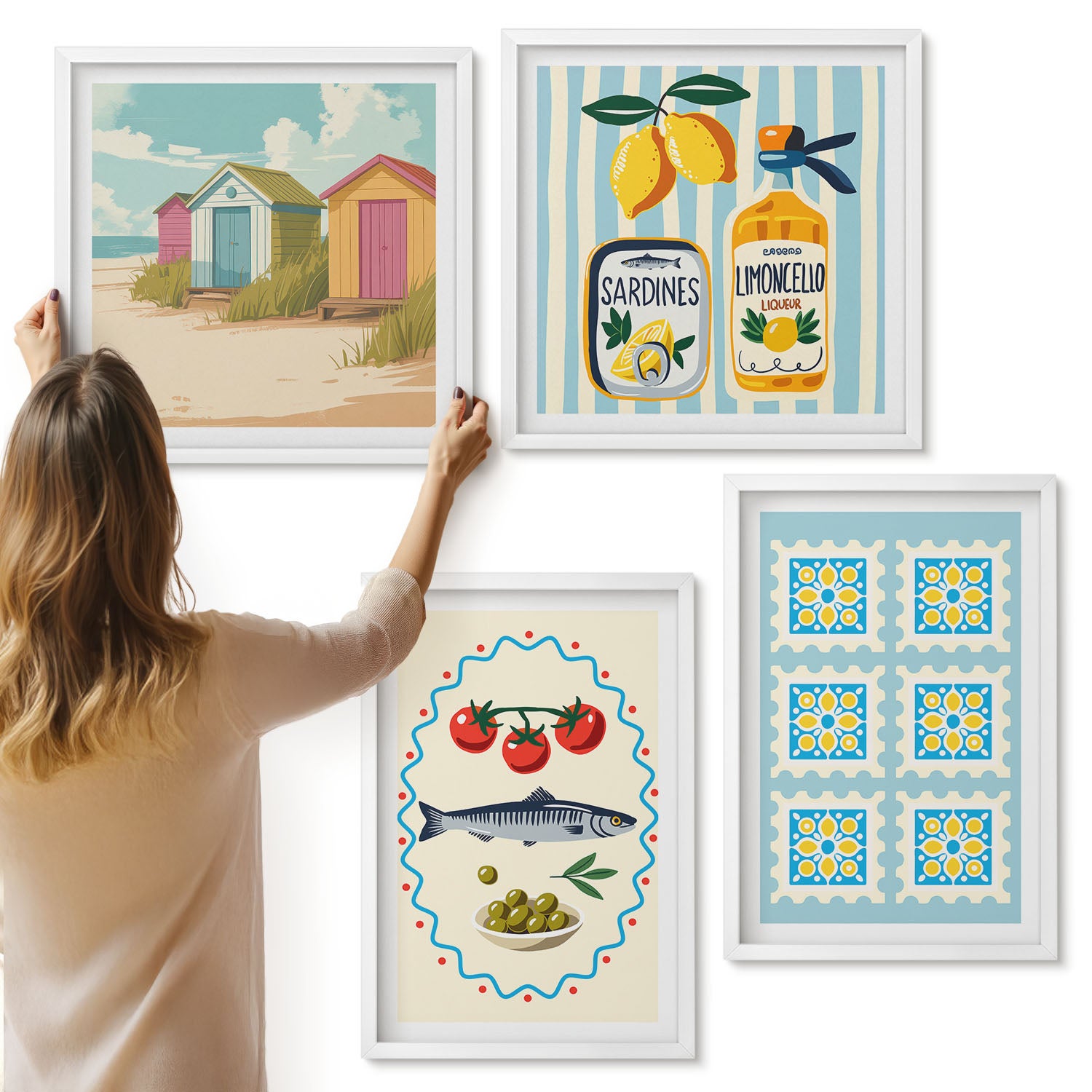 Galeria ścienna 4-częściowy komplet obrazów w białych ramach - Ilustracje kuchenne w śródziemnomorskim stylu - ArtPrintCave