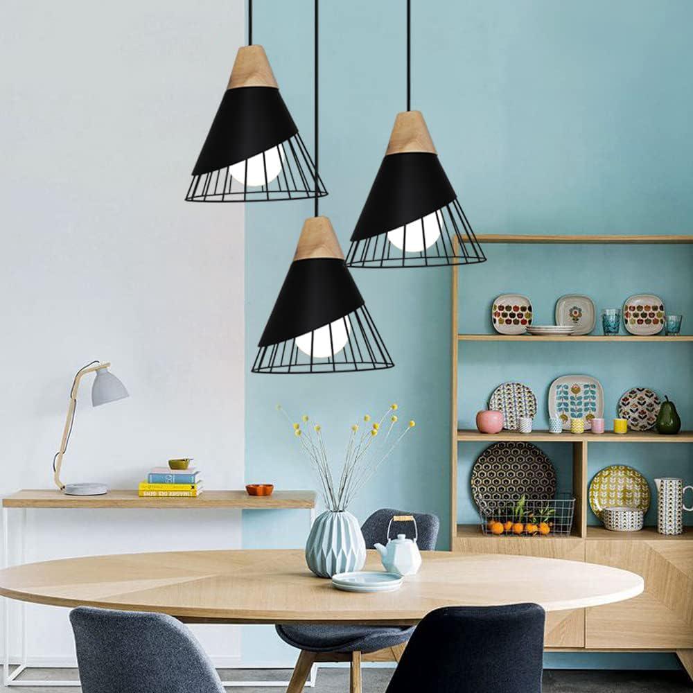 Nowoczesna, industrialna, drewniana lampa wisząca, metalowy klosz w kształcie klatki w stylu vintage, Ø25 cm, lampa sufitowa E27, designerska do kuchn