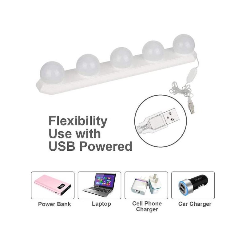 Lampka LED do lustra, 5 LED, styl Hollywood, regulowana jasność, USB, do lustra do makijażu, łazienki, toaletki, biała