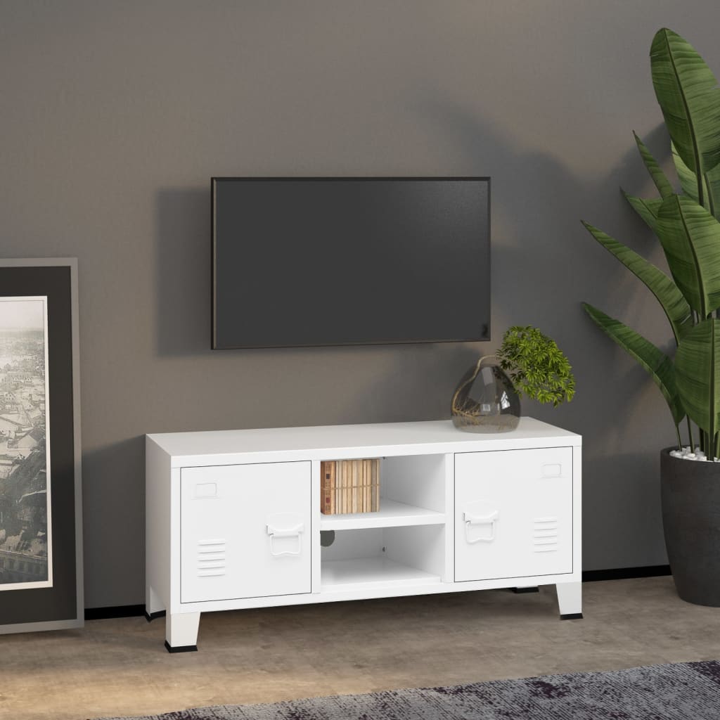 vidaXL Industrialna szafka TV, biała, 105x35x42 cm, metalowa