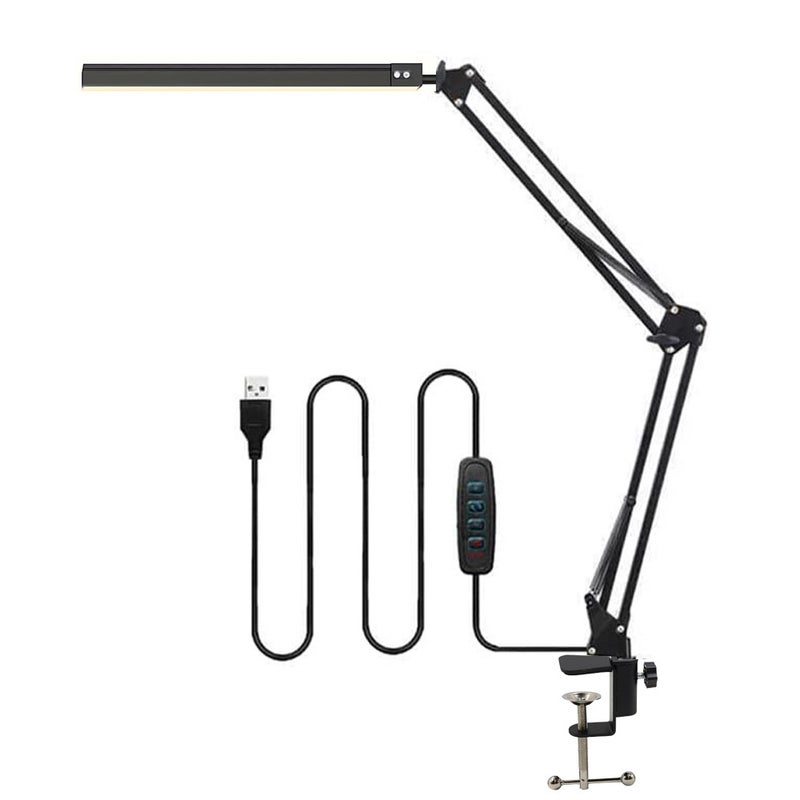 Czarna lampka biurkowa LED i do czytania z portem USB, obrotowym ramieniem i klipsem, ściemnialna, 3 tryby kolorów, ochrona oczu