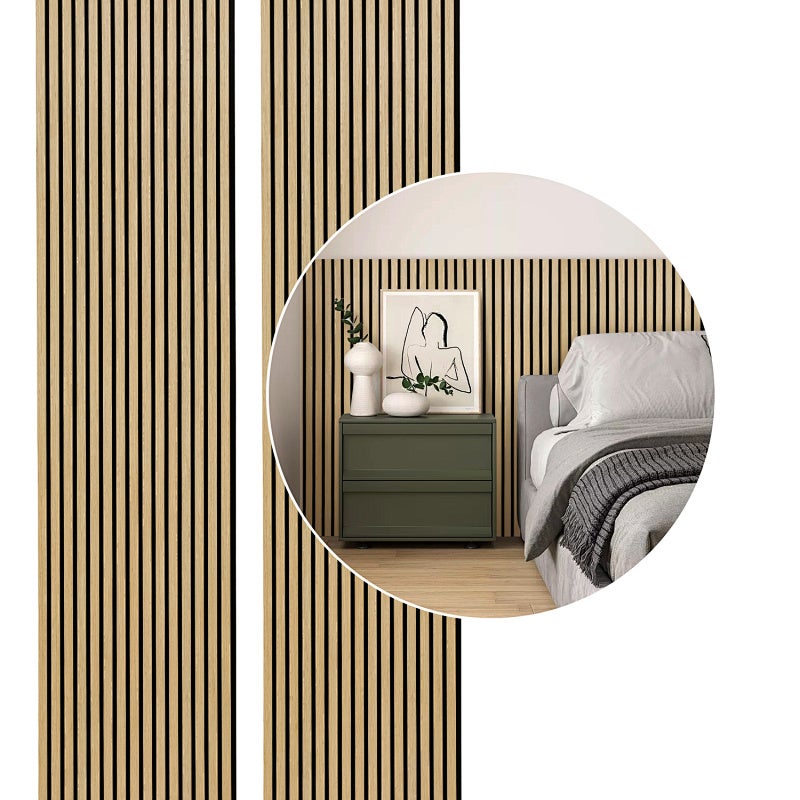 Zestaw 8 paneli akustycznych lamelowych Dąb, 120 x 60 cm, dekoracyjna okładzina ścienna MDF i filc, komfort akustyczny wnętrza
