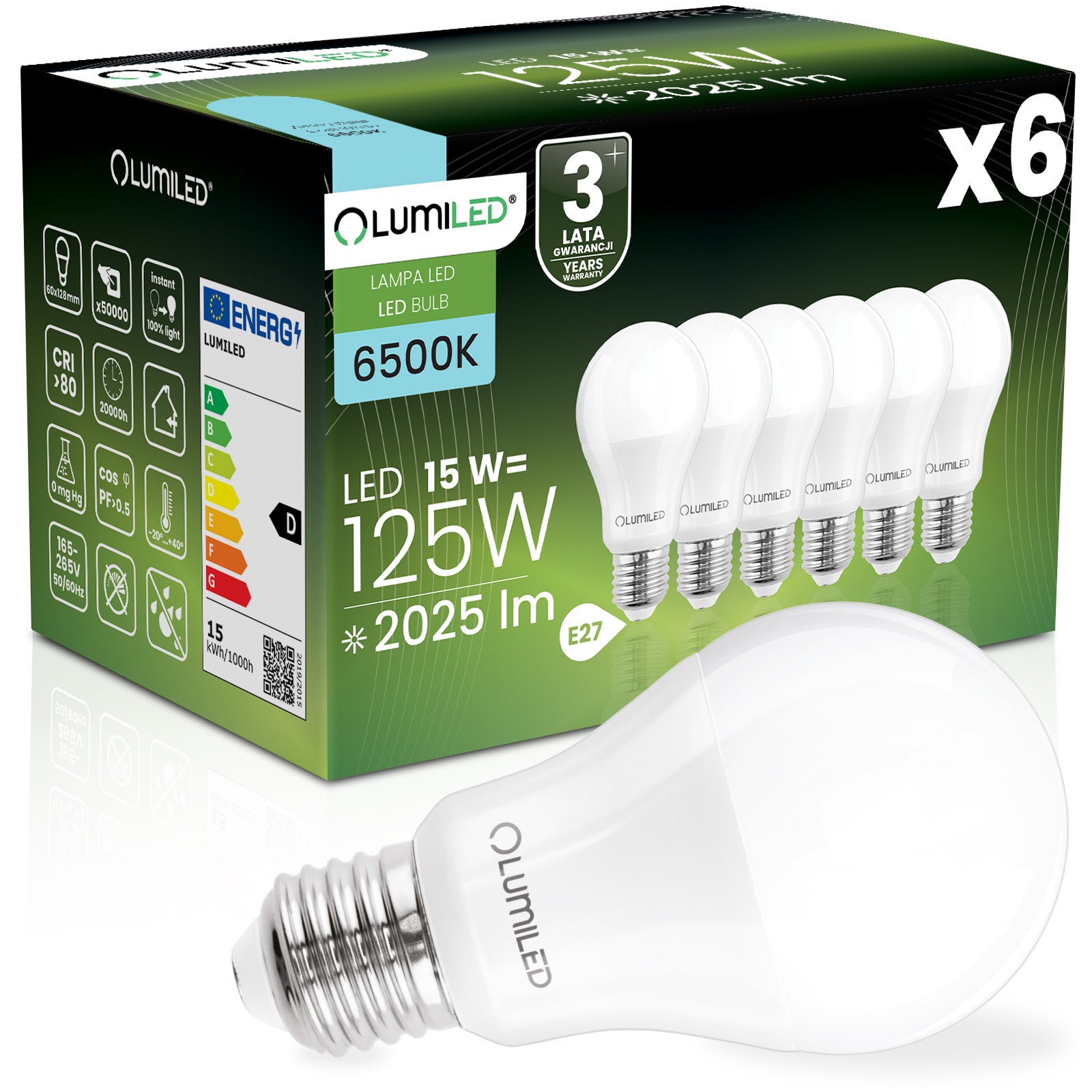 Żarówka LED LUMILED E27 A60 15W 1952lm 6500K Zimna biel 260st 6 szt.