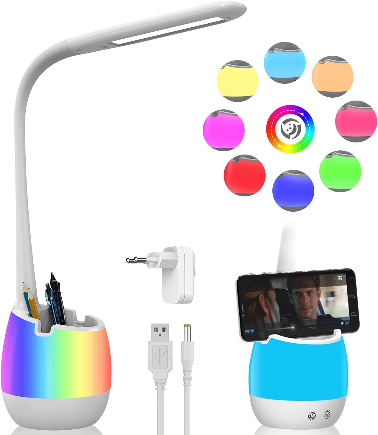 Lampka biurkowa dla dzieci, lampa do nauki dbająca o oczy z uchwytem na długopisy/bateria 2000 mAh/8 kolorowych lampek nocnych/3 tryby/3 poziomy jasno