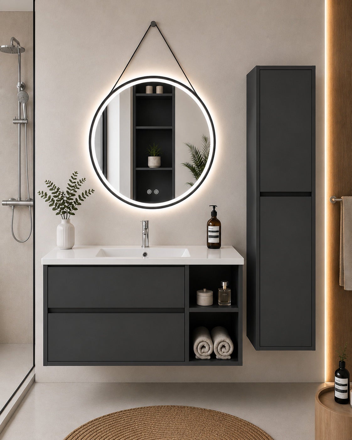 Szafka łazienkowa z umywalką ORIGENBATH ZEUS bez lustra 100x40 cm Prawa strona grafitowy z kolumną