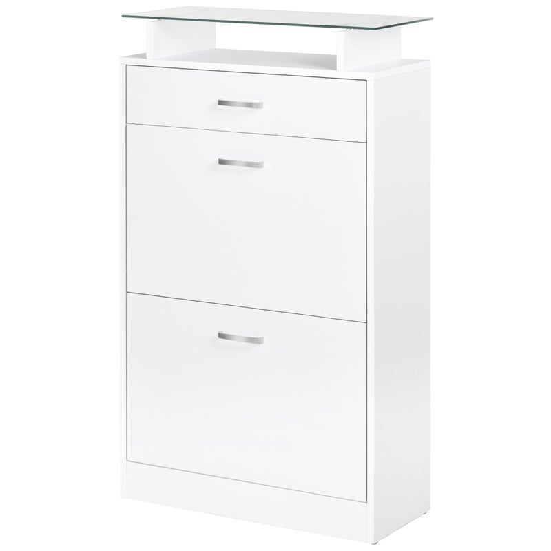 Dwupoziomowa mobilna półka na buty, 2 fronty, szuflada, szklany blat, 60x24x105,5 cm, biała