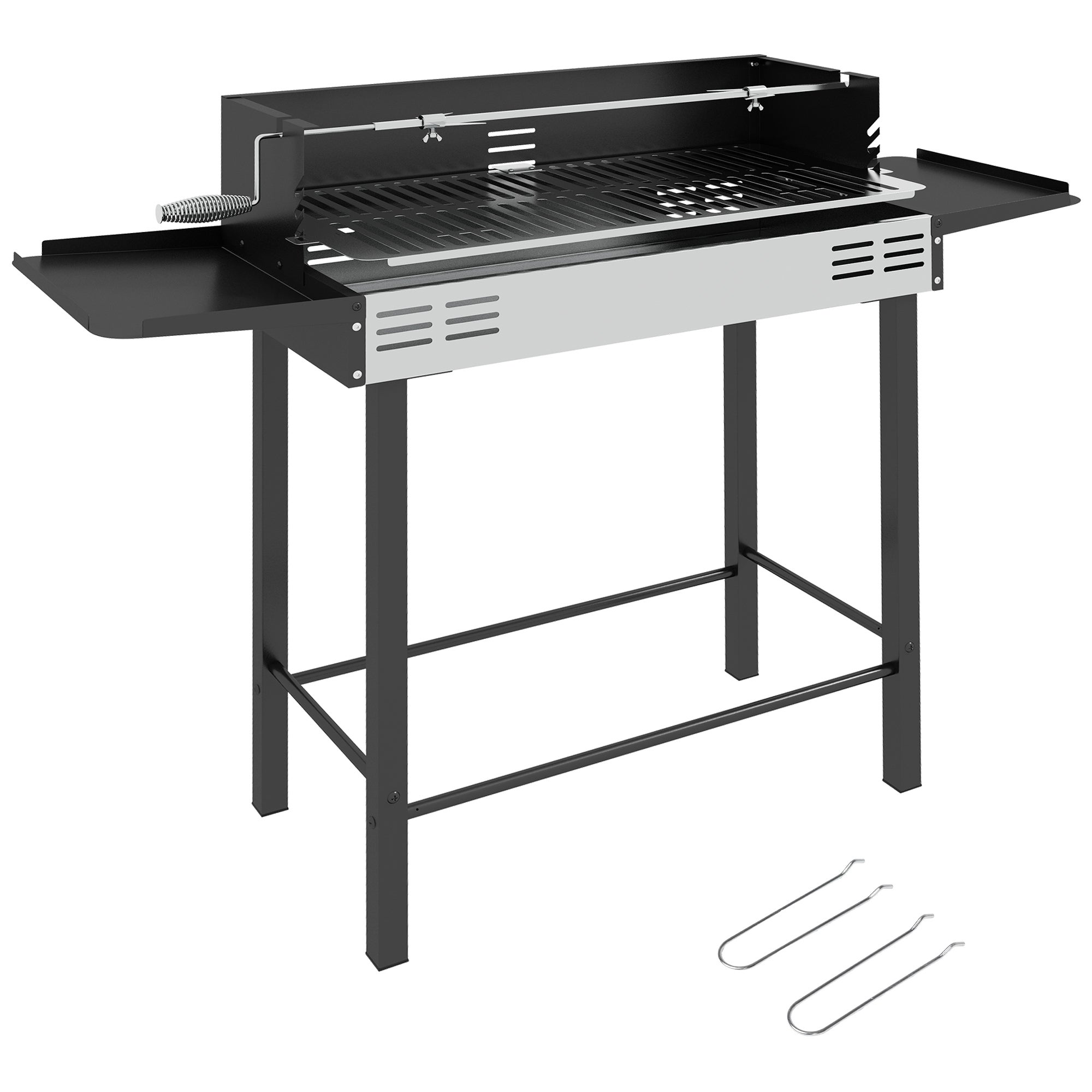 Grill węglowy z 3-poziomowym rusztem i składanymi półkami bocznymi, 118 x 32 x 90 cm, czarny