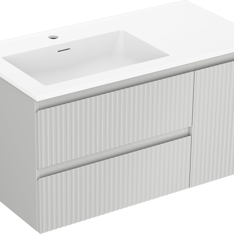 Mexen Rivel szafka łazienkowa 90 cm z umywalką Otis lewą, 2S, 1D, ryflowana, szara mat/biała mat - 91A23-09047-3-BBFFF62-W18L01