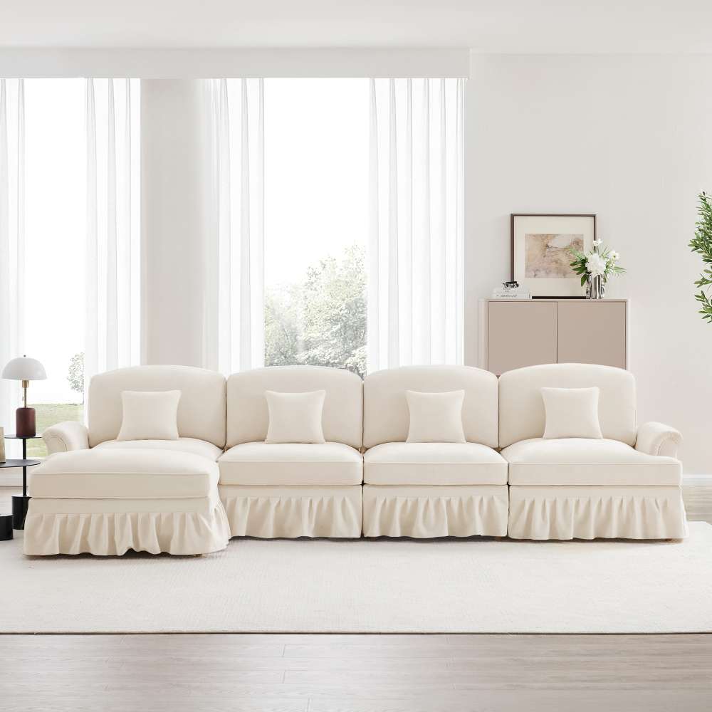 Modułowa sofa welurowa w kształcie litery L, 4-osobowa, z wyjmowanym siedziskiem i ruchomym podnóżkiem, wygodna do salonu