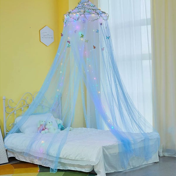 Wiszące łóżko dziecięce 360° LED + zintegrowana moskitiera - Deco Chambre Princesse DIY Motif Papillons Étoiles 60x250cm-Light green
