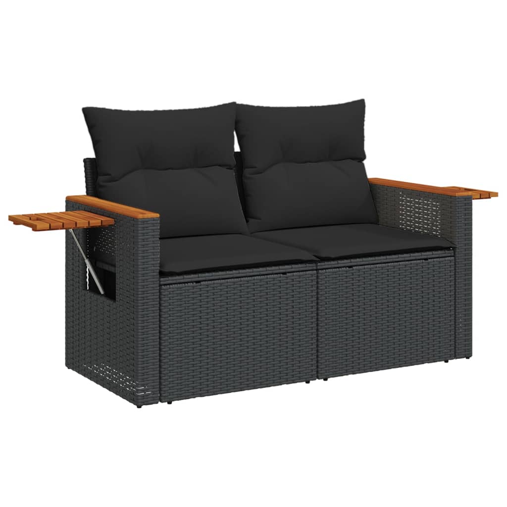 Sofa Ogrodowa 2-Osobowa Czarna z Czarnymi Poduszkami i Schowkiem