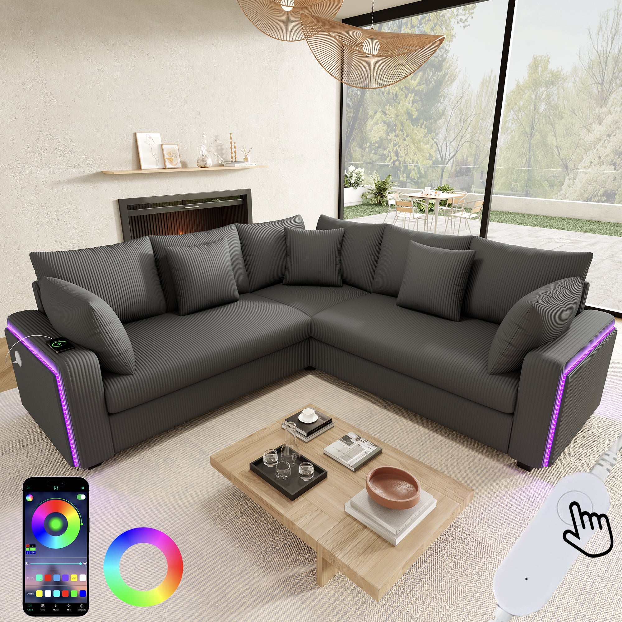 Narożnik z kordu z portami USB/Typ-C - 198 x 198 x 83 cm - Diody LED - Stelaż na sprężynach kieszeniowych - Szary