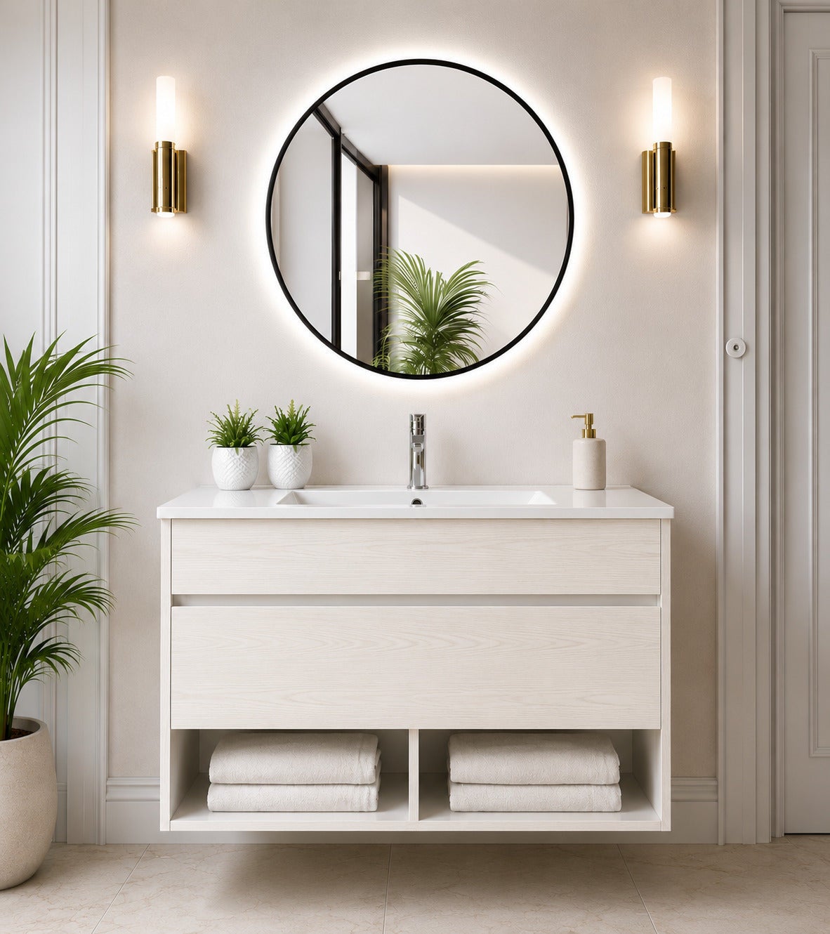 Wisząca szafka łazienkowa z umywalką ORIGENBATH NEBARI z szufladą 120x45 cm 1 umywalka biały nordycki