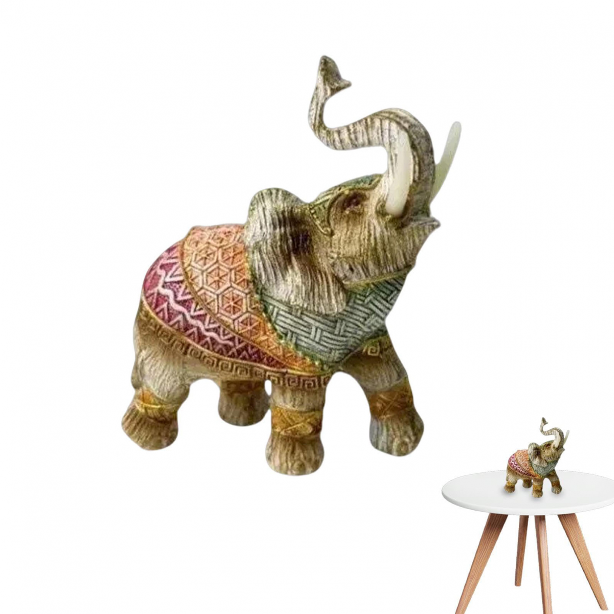 Ręcznie wykonana statuetka słonia z żywicy w stylu tradycyjnym - Dekoracja sezonowa, Figurka na szczęście, Prezent świąteczny, 11 x 6 x 13,5 cm