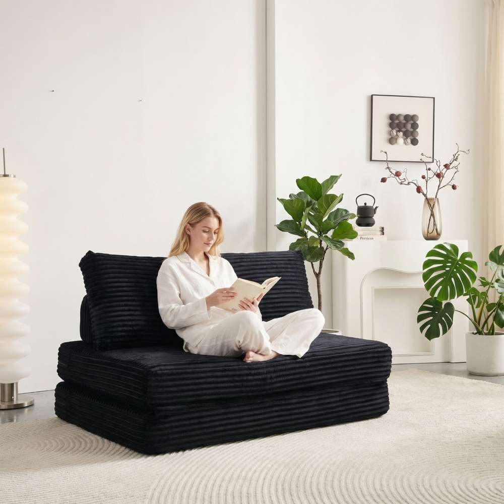 Kompaktowa, 2-osobowa sofa rozkładana w miękkiej tkaninie sztruksowej, idealna do salonu i kącika do czytania, nie wymaga montażu