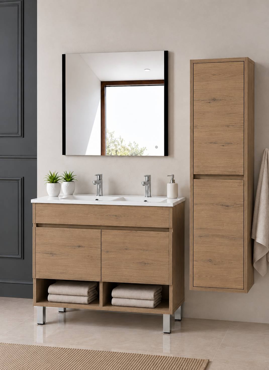 Szafka łazienkowa na nóżkach z umywalką ORIGENBATH NEBARI na nóżkach z drzwiami z kolumną 120x45 cm podwójna umywalka estepa z kolumną