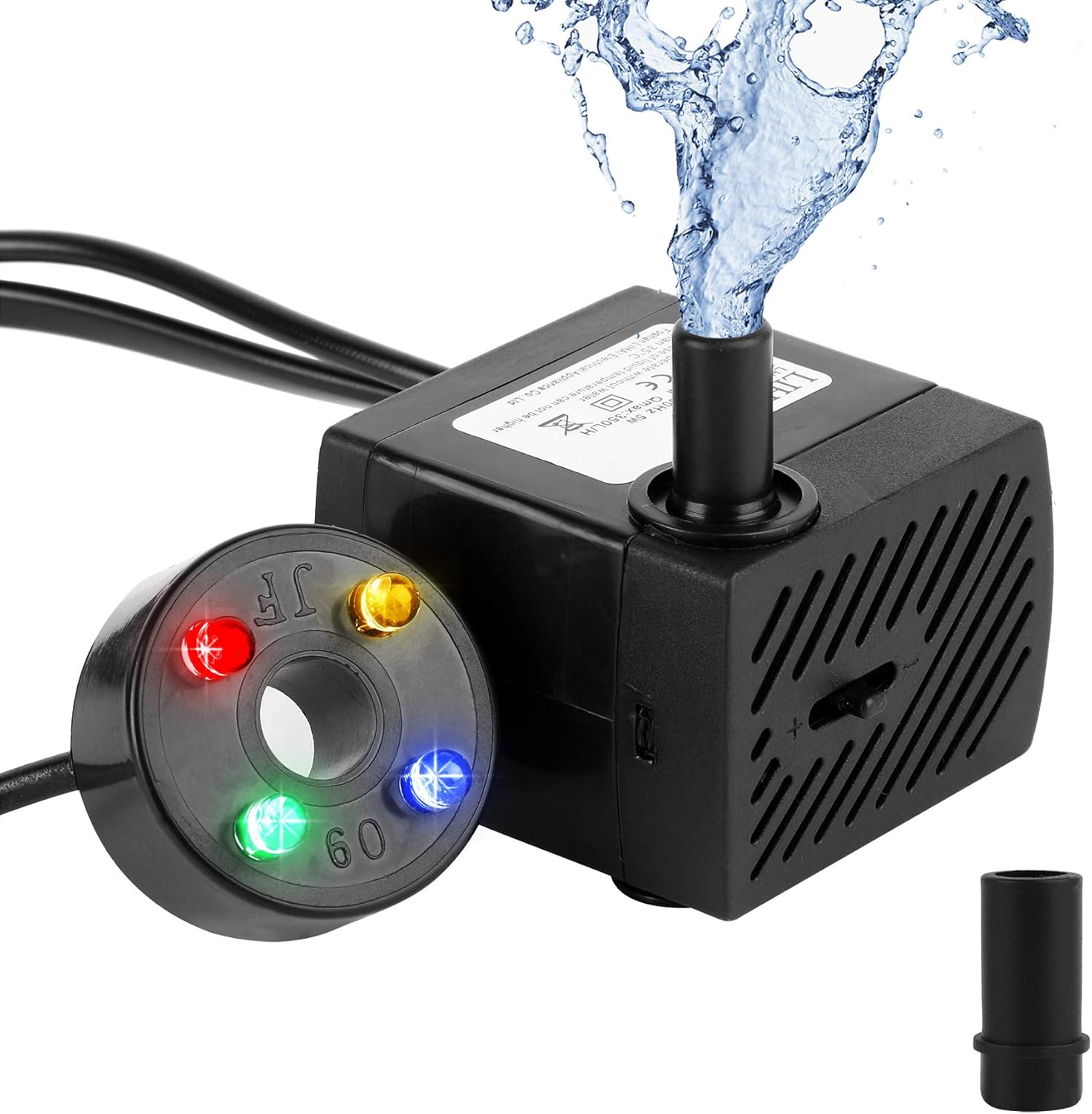 Miniaturowa pompa wodna z 4 diodami LED, 350 l/h, 3,5 W, pompa do wody akwariowej do ogrodu, fontanny, skalniaka, maks. wysokość podnoszenia 0,85 m