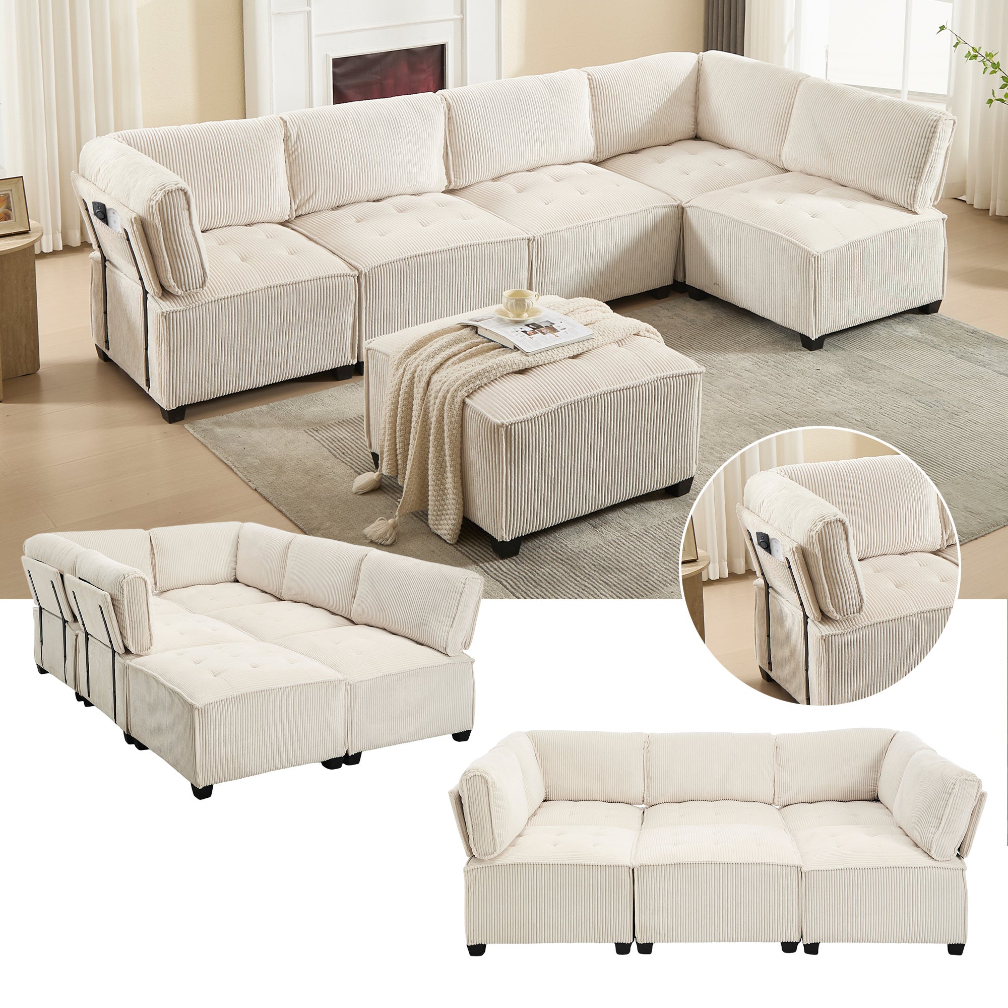 Sofa Modułowa 6-Osobowa Sztruksowa Beżowa, Narożnik w Kształcie U lub L z Kieszeniami do Salonu