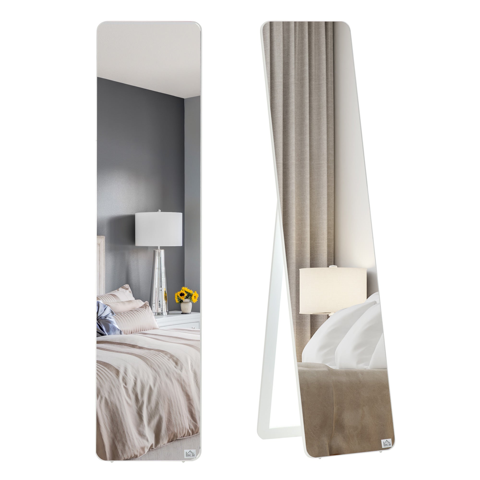Prostokątne lustro wolnostojące i montowane na ścianie, wymiary 37 dł. x 43 szer. x 156 wys. cm, wykończenie w kolorze białego drewna