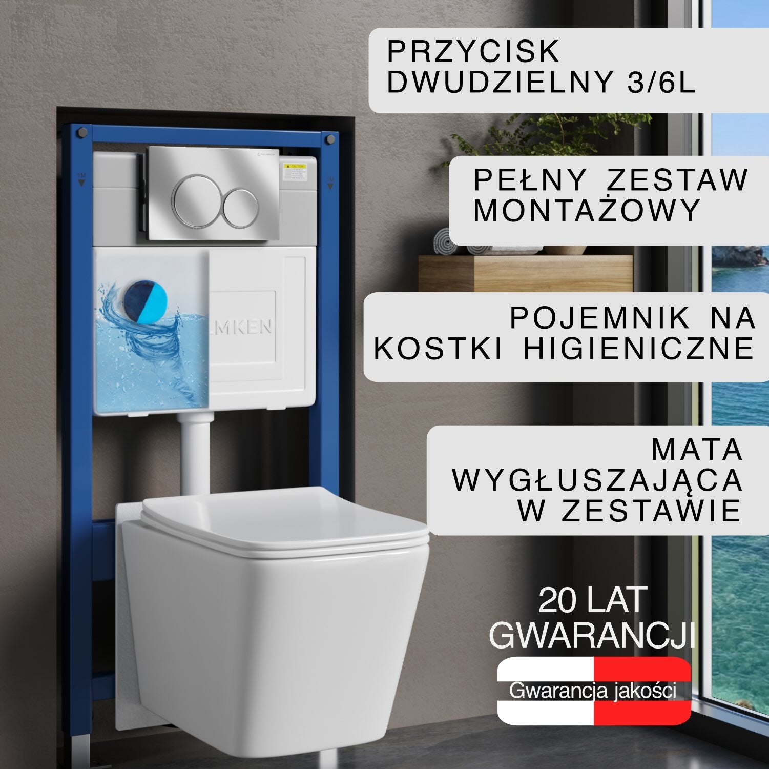 Stelaż podtynkowy WC Helmken 35120001 Zestaw 6w1: Przycisk Satуna (E), Miska bezkołnierzowa, Deska wolnoopadająca, Pojemnik na kostki, Mata