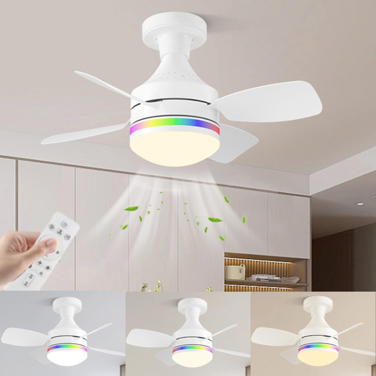 Cicha lampa sufitowa LED, 4-łopatkowy wentylator, gwint E27, biały, 3 kolory + ściemniacz RGB, 85-240 V, podstawa i przedłużacz 20 cm w zestawie.