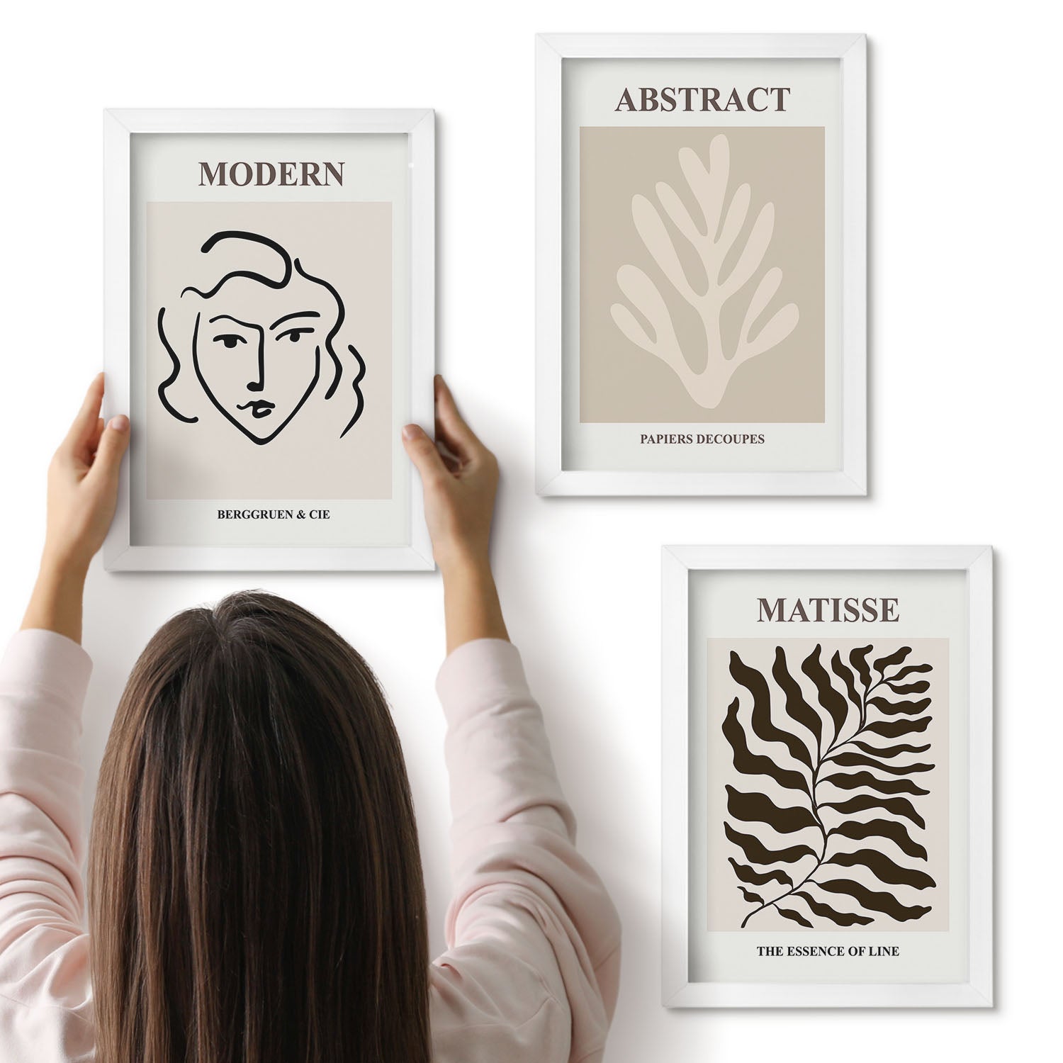 Galeria ścienna 3-częściowy komplet obrazów w białych ramach - Twarz i liście ilustracje grafiki Henri Matisse - ArtPrintCave