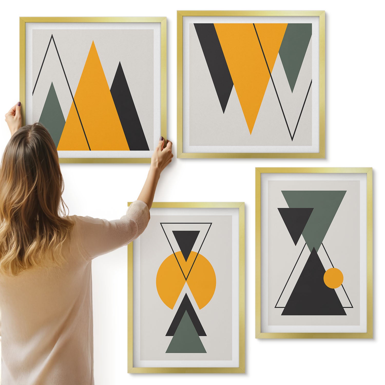 Galeria ścienna 4-częściowy komplet obrazów w złotych ramach - Abstrakcyjne kształty geometryczne - ArtPrintCave