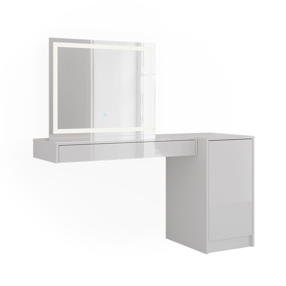 Vicco Stół toaletowy Sherry, Biały, 140.2 cm z lustrem LED i modułem z drzwiami