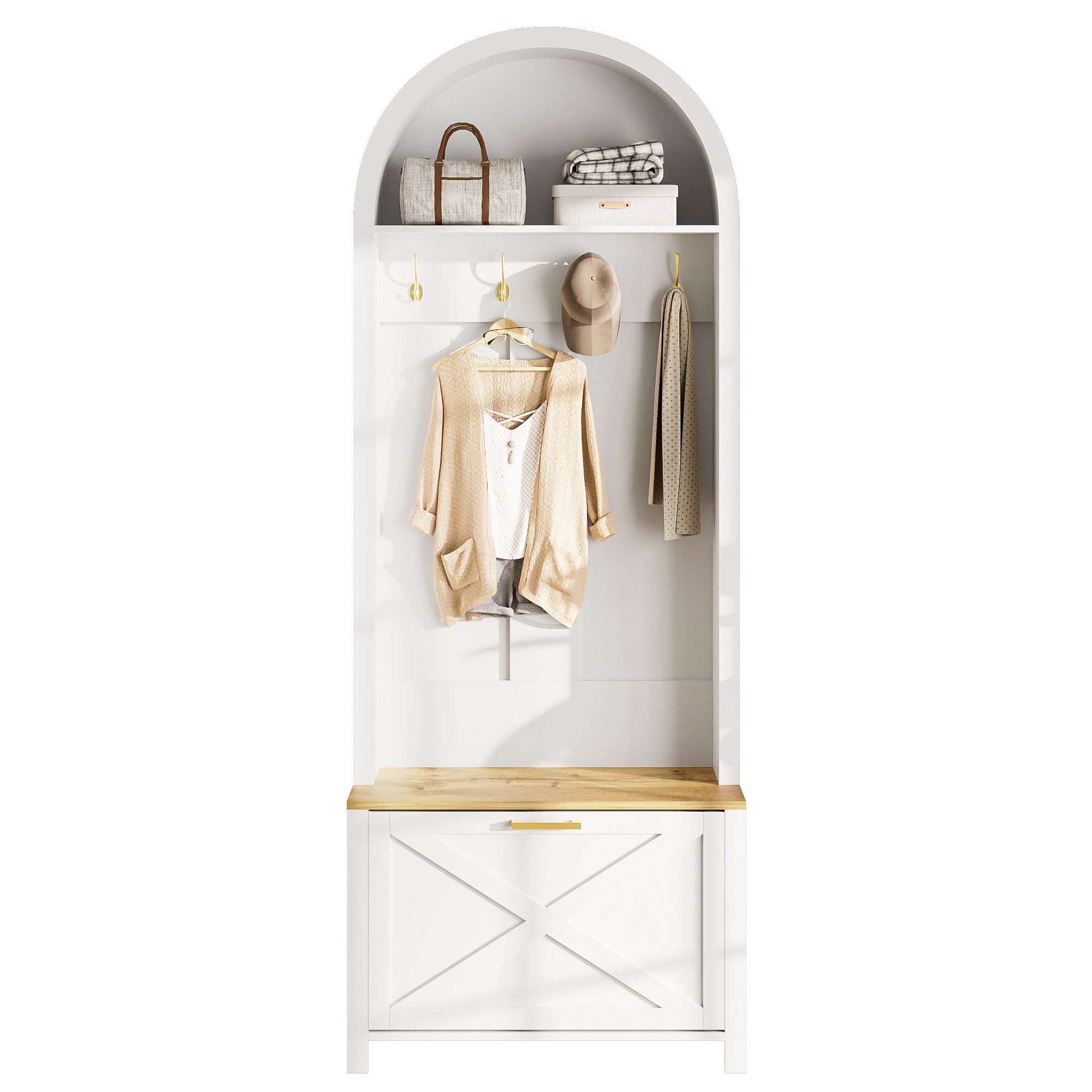 Zestaw szafek na buty z ławką na buty, 1 drzwiami opuszczanymi, półką i wieszakami - 75 x 35 x 195 cm - MDF - Biały