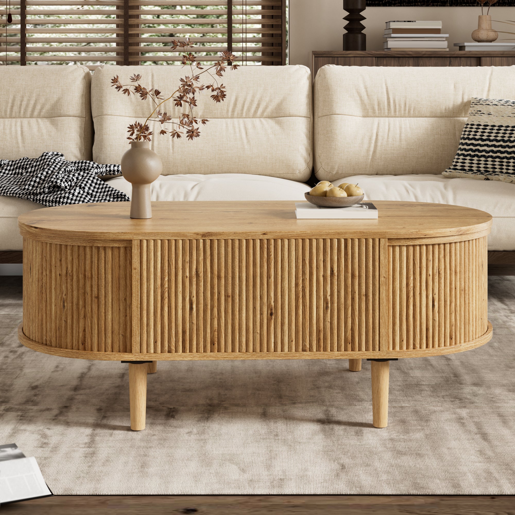 Stolik kawowy z podnoszonym blatem, z przegródkami do przechowywania i falistym wzorem – 100 x 48 x 54,5 cm – płyta MDF, nogi z litej sosny – dąb