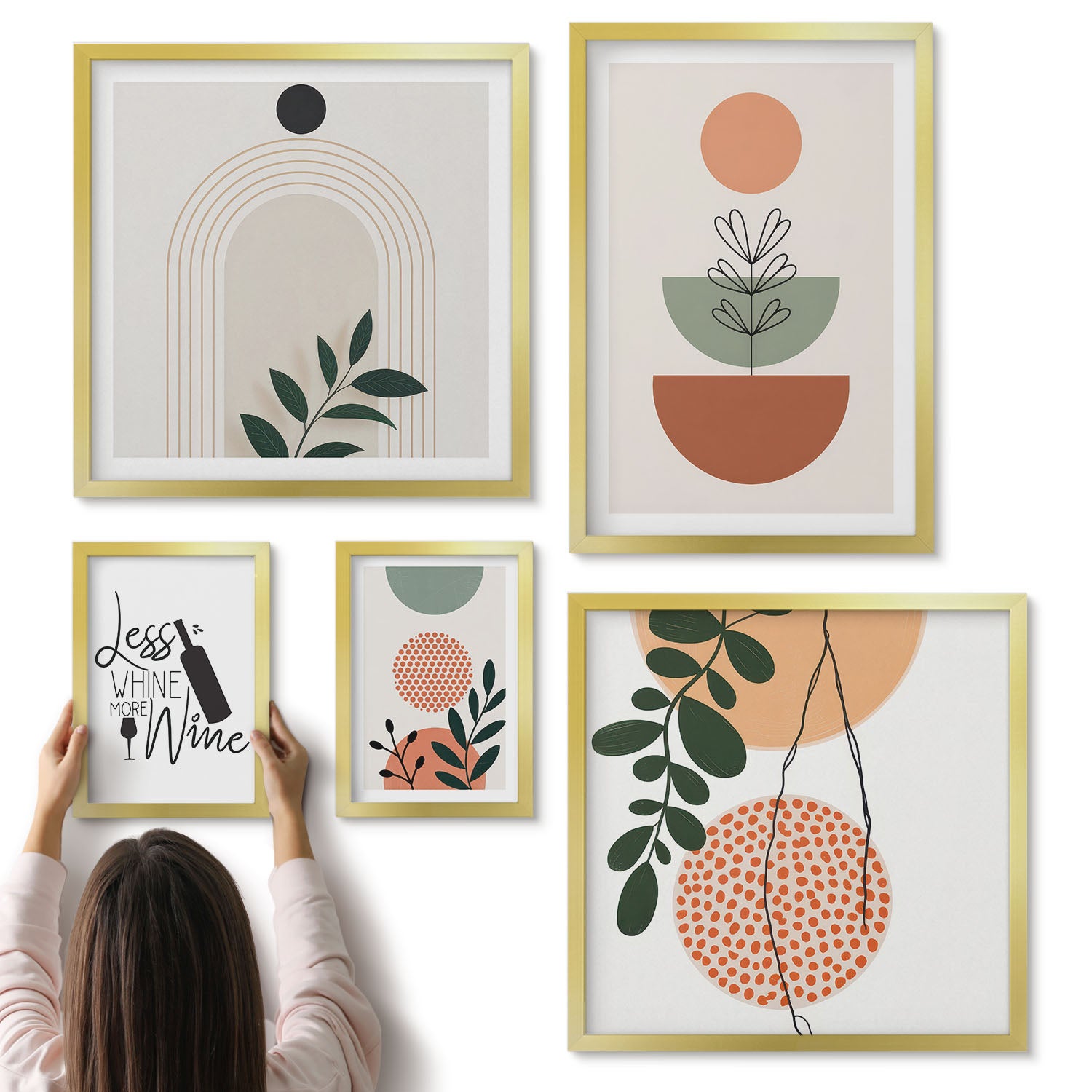 Galeria ścienna 5-częściowy komplet obrazów w złotych ramach - Stylowe dekoracje z roślinnymi motywami i hasłami - ArtPrintCave