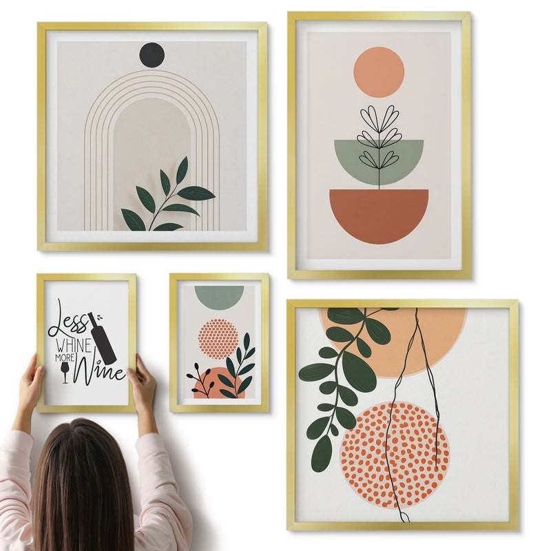 Galeria ścienna 5-częściowy komplet obrazów w złotych ramach - Stylowe dekoracje z roślinnymi motywami i hasłami - ArtPrintCave
