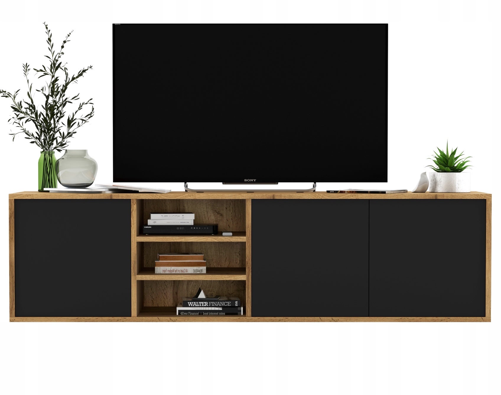 Wisząca szafka RTV 150 cm dąb wotan czarny mat Loft, komoda pod telewizor do salonu
