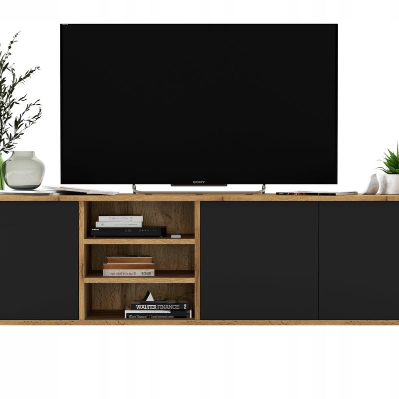 Wisząca szafka RTV 150 cm dąb wotan czarny mat Loft, komoda pod telewizor do salonu