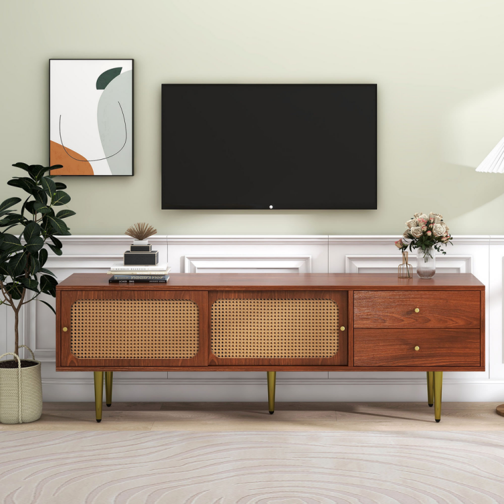 Szafka pod telewizor, dwie szuflady i dwa drzwi, wymiary 160×40×60 cm, kolor orzechowy.